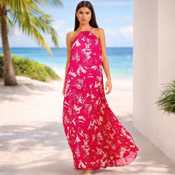 Trina Turk Dresses & Skirts - Trina Turk Pleated Halter Maxi Dress Pink Tropical Gold Strap M